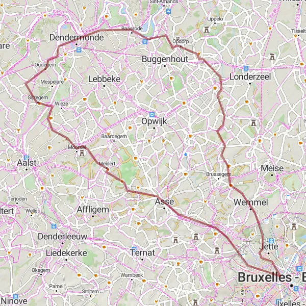 Map miniature of "Gravel Endurance in Jette" cycling inspiration in Région de Bruxelles-Capitale/ Brussels Hoofdstedelijk Gewest, Belgium. Generated by Tarmacs.app cycling route planner