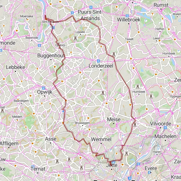 Map miniature of "Jette to Atomium Gravel Adventure" cycling inspiration in Région de Bruxelles-Capitale/ Brussels Hoofdstedelijk Gewest, Belgium. Generated by Tarmacs.app cycling route planner