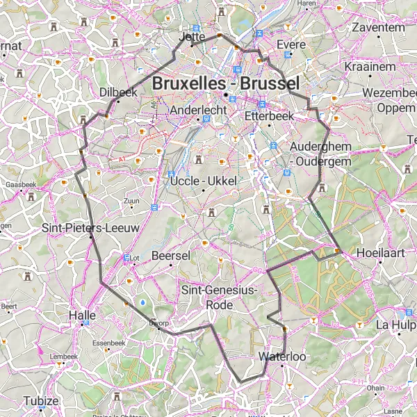 Map miniature of "Jette to Waterloo" cycling inspiration in Région de Bruxelles-Capitale/ Brussels Hoofdstedelijk Gewest, Belgium. Generated by Tarmacs.app cycling route planner