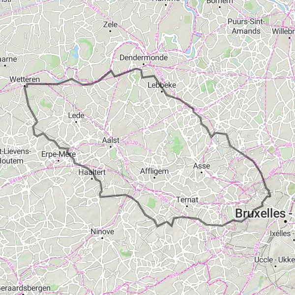 Map miniature of "Northern Suburbs Road Cycling Route" cycling inspiration in Région de Bruxelles-Capitale/ Brussels Hoofdstedelijk Gewest, Belgium. Generated by Tarmacs.app cycling route planner