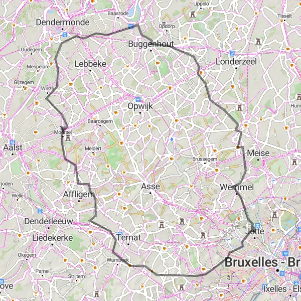 Map miniature of "Eastern Suburbs Road Cycling Route" cycling inspiration in Région de Bruxelles-Capitale/ Brussels Hoofdstedelijk Gewest, Belgium. Generated by Tarmacs.app cycling route planner