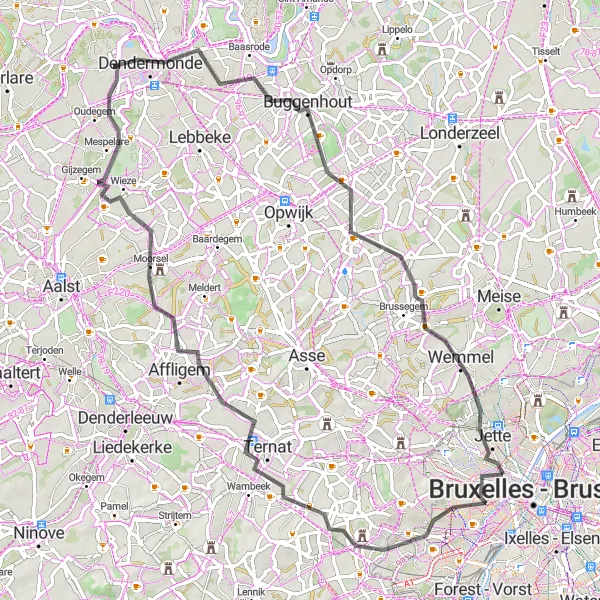 Map miniature of "The Ternat Adventure" cycling inspiration in Région de Bruxelles-Capitale/ Brussels Hoofdstedelijk Gewest, Belgium. Generated by Tarmacs.app cycling route planner