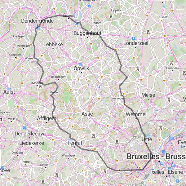 Map miniature of "Jette to Dendermonde Loop" cycling inspiration in Région de Bruxelles-Capitale/ Brussels Hoofdstedelijk Gewest, Belgium. Generated by Tarmacs.app cycling route planner