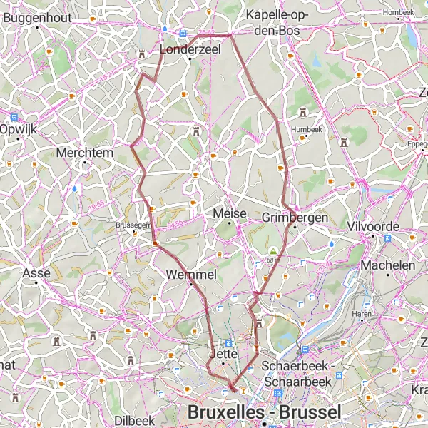 Map miniature of "Koekelberg - Londerzeel Loop" cycling inspiration in Région de Bruxelles-Capitale/ Brussels Hoofdstedelijk Gewest, Belgium. Generated by Tarmacs.app cycling route planner