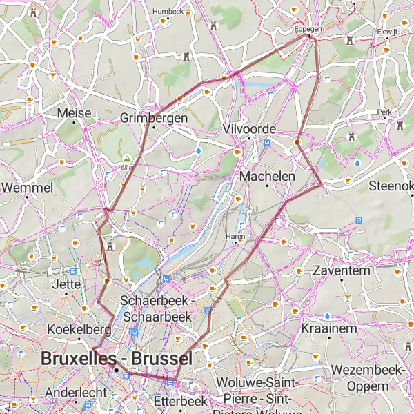 Miniatuurkaart van de fietsinspiratie "Gravelroute naar Grimbergen" in Région de Bruxelles-Capitale/ Brussels Hoofdstedelijk Gewest, Belgium. Gemaakt door de Tarmacs.app fietsrouteplanner