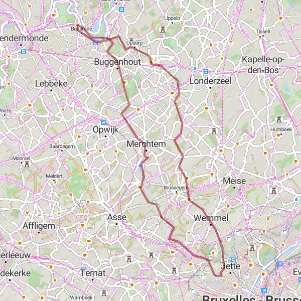 Miniatuurkaart van de fietsinspiratie "Gravelroute naar Buggenhout" in Région de Bruxelles-Capitale/ Brussels Hoofdstedelijk Gewest, Belgium. Gemaakt door de Tarmacs.app fietsrouteplanner