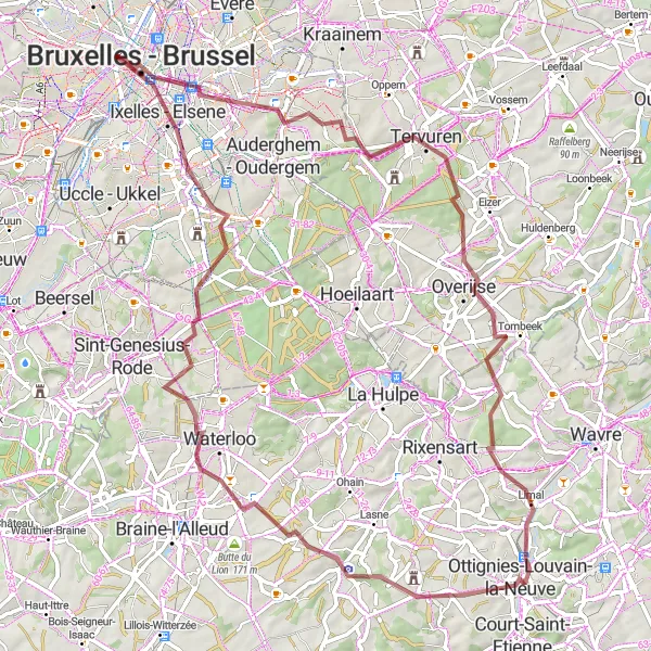 Miniatuurkaart van de fietsinspiratie "Gravelroute naar Ottignies-Louvain-la-Neuve" in Région de Bruxelles-Capitale/ Brussels Hoofdstedelijk Gewest, Belgium. Gemaakt door de Tarmacs.app fietsrouteplanner