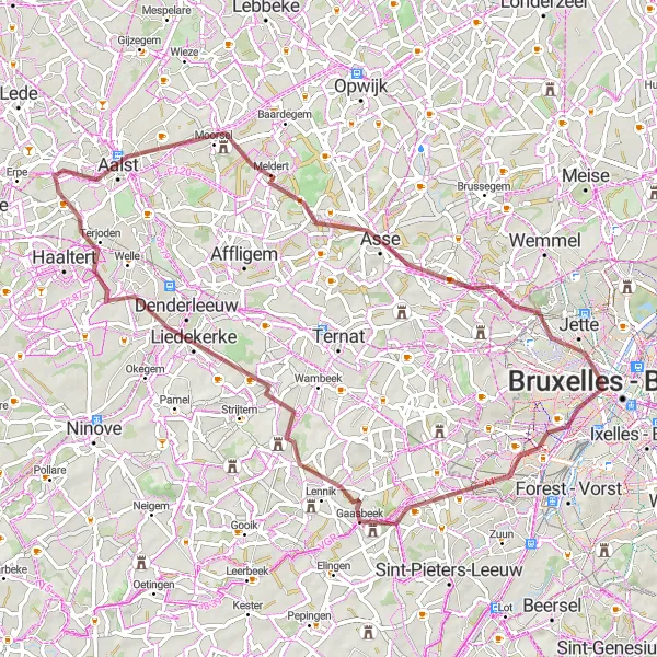 Map miniature of "Gravel Route from Koekelberg to Aalst" cycling inspiration in Région de Bruxelles-Capitale/ Brussels Hoofdstedelijk Gewest, Belgium. Generated by Tarmacs.app cycling route planner