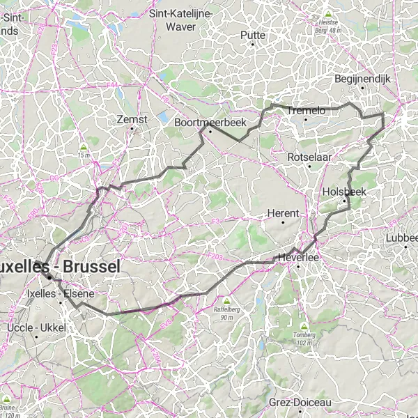 Map miniature of "The Brussels Loop" cycling inspiration in Région de Bruxelles-Capitale/ Brussels Hoofdstedelijk Gewest, Belgium. Generated by Tarmacs.app cycling route planner