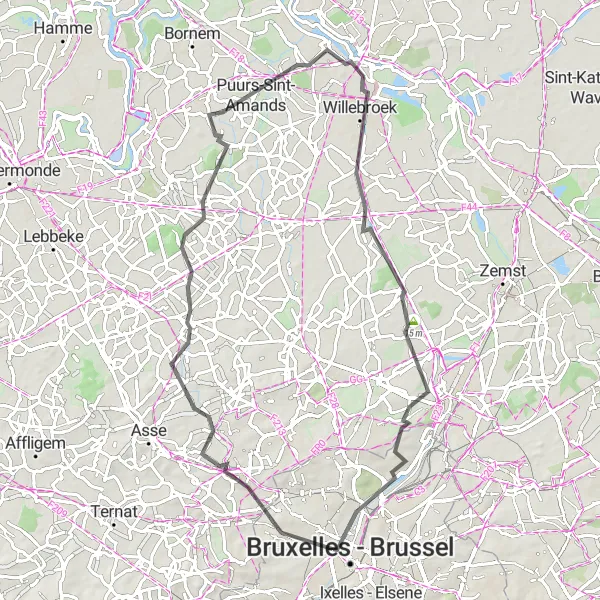 Miniatuurkaart van de fietsinspiratie "Koekelberg naar Merchtem via Puurs" in Région de Bruxelles-Capitale/ Brussels Hoofdstedelijk Gewest, Belgium. Gemaakt door de Tarmacs.app fietsrouteplanner