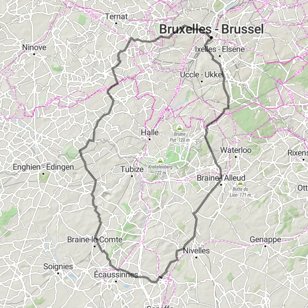 Miniature de la carte de l'inspiration cycliste "Voyage au cœur du Brabant wallon" dans la Région de Bruxelles-Capitale/ Brussels Hoofdstedelijk Gewest, Belgium. Générée par le planificateur d'itinéraire cycliste Tarmacs.app