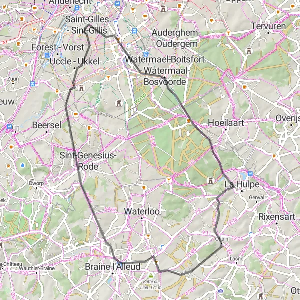 Map miniature of "Road Cycling Tour of Brussels" cycling inspiration in Région de Bruxelles-Capitale/ Brussels Hoofdstedelijk Gewest, Belgium. Generated by Tarmacs.app cycling route planner