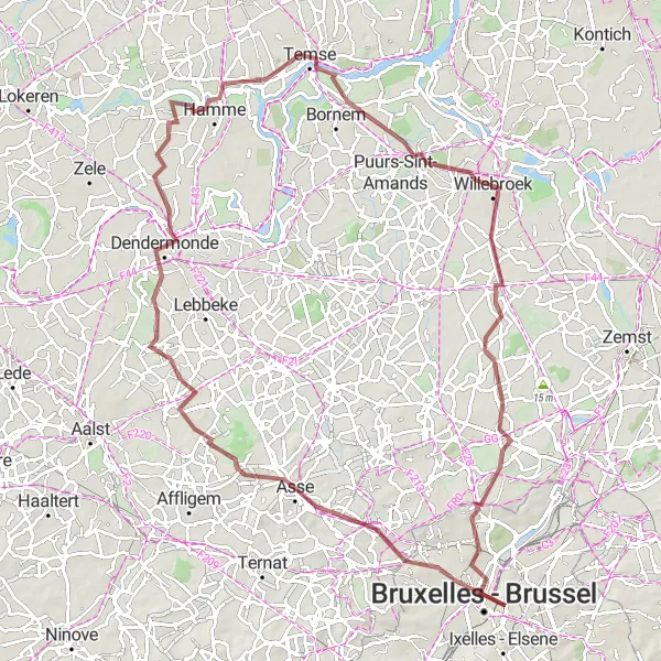 Karten-Miniaturansicht der Radinspiration "Koekelberg nach Kapelle-op-den-Bos Schleife" in Région de Bruxelles-Capitale/ Brussels Hoofdstedelijk Gewest, Belgium. Erstellt vom Tarmacs.app-Routenplaner für Radtouren