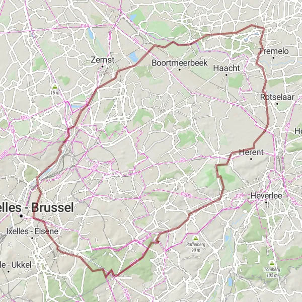 Map miniature of "Schaarbeek Herent Gravel Trail" cycling inspiration in Région de Bruxelles-Capitale/ Brussels Hoofdstedelijk Gewest, Belgium. Generated by Tarmacs.app cycling route planner