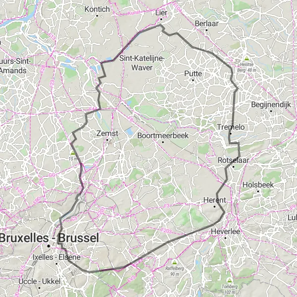 Miniatuurkaart van de fietsinspiratie "Roadtrip door het platteland van Vlaanderen en Brussel" in Région de Bruxelles-Capitale/ Brussels Hoofdstedelijk Gewest, Belgium. Gemaakt door de Tarmacs.app fietsrouteplanner