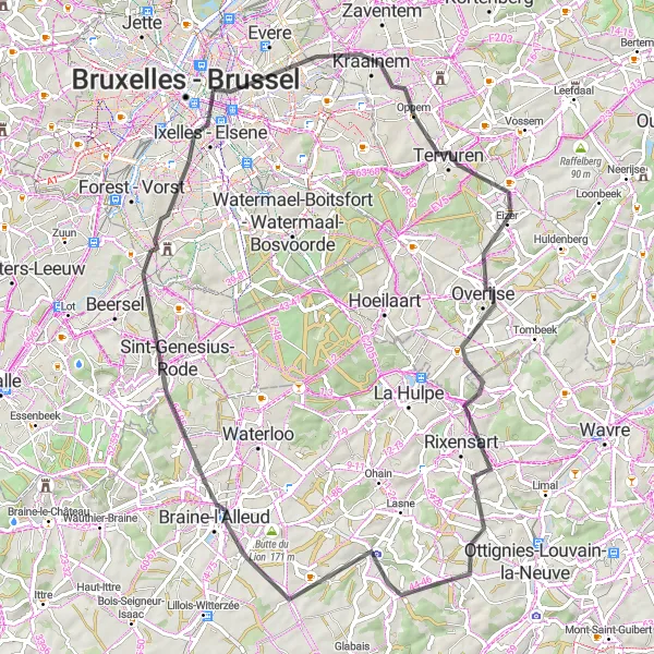Miniatuurkaart van de fietsinspiratie "Tocht door Tervuren en Uccle" in Région de Bruxelles-Capitale/ Brussels Hoofdstedelijk Gewest, Belgium. Gemaakt door de Tarmacs.app fietsrouteplanner