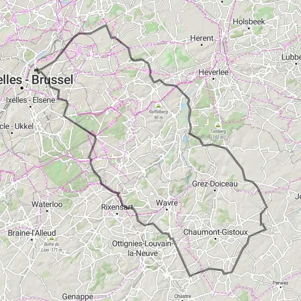 Miniatuurkaart van de fietsinspiratie "Wegroute door het heuvelachtige landschap van Waals-Brabant" in Région de Bruxelles-Capitale/ Brussels Hoofdstedelijk Gewest, Belgium. Gemaakt door de Tarmacs.app fietsrouteplanner