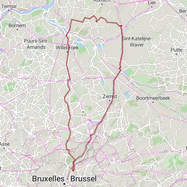 Map miniature of "Scenic Gravel Route to Boom" cycling inspiration in Région de Bruxelles-Capitale/ Brussels Hoofdstedelijk Gewest, Belgium. Generated by Tarmacs.app cycling route planner