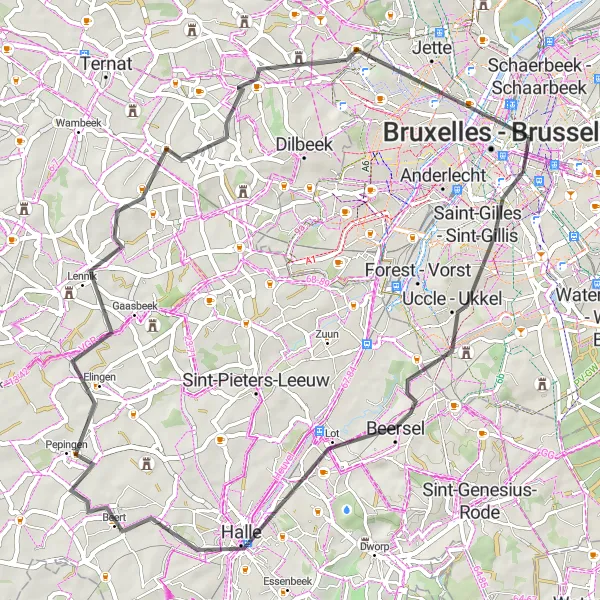 Miniatuurkaart van de fietsinspiratie "Wegroute door Ixelles, Pepingen en Molenbeek-Saint-Jean" in Région de Bruxelles-Capitale/ Brussels Hoofdstedelijk Gewest, Belgium. Gemaakt door de Tarmacs.app fietsrouteplanner