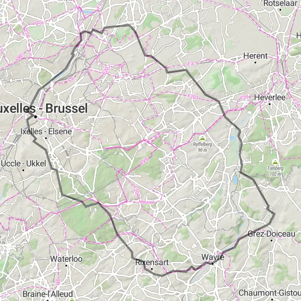 Map miniature of "Neder-Over-Heembeek and Wavre Loop" cycling inspiration in Région de Bruxelles-Capitale/ Brussels Hoofdstedelijk Gewest, Belgium. Generated by Tarmacs.app cycling route planner