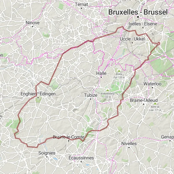 Karten-Miniaturansicht der Radinspiration "Lange Graveltour durch Sint-Genesius-Rode und Enghien" in Région de Bruxelles-Capitale/ Brussels Hoofdstedelijk Gewest, Belgium. Erstellt vom Tarmacs.app-Routenplaner für Radtouren