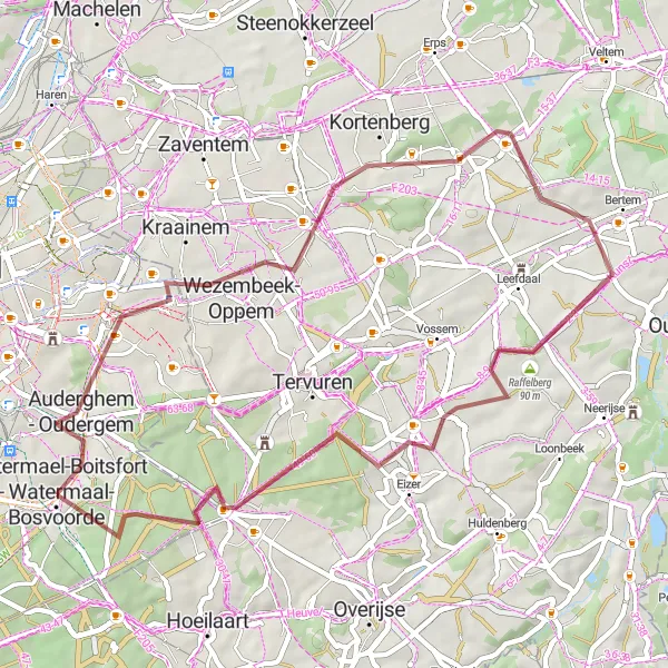 Map miniature of "Watermael-Boitsfort - Woluwe-Saint-Pierre - Kortenberg - Eikelenberg - Raffelberg - Duisburg - Jezus-Eik - Château de Jolimont - Kasteel Jolimont Gravel" cycling inspiration in Région de Bruxelles-Capitale/ Brussels Hoofdstedelijk Gewest, Belgium. Generated by Tarmacs.app cycling route planner