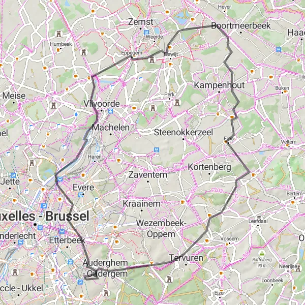 Map miniature of "Vilvoorde Countryside Ride" cycling inspiration in Région de Bruxelles-Capitale/ Brussels Hoofdstedelijk Gewest, Belgium. Generated by Tarmacs.app cycling route planner