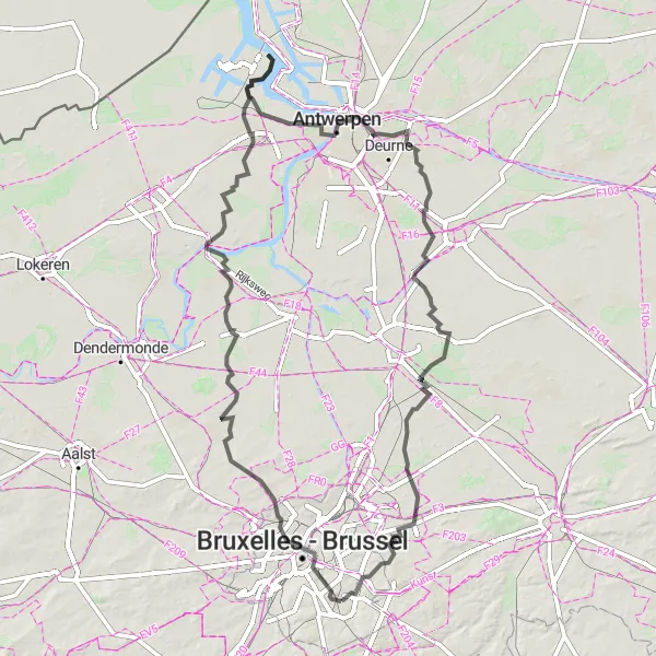 Map miniature of "Antwerp to Brussels Cycling Odyssey" cycling inspiration in Région de Bruxelles-Capitale/ Brussels Hoofdstedelijk Gewest, Belgium. Generated by Tarmacs.app cycling route planner