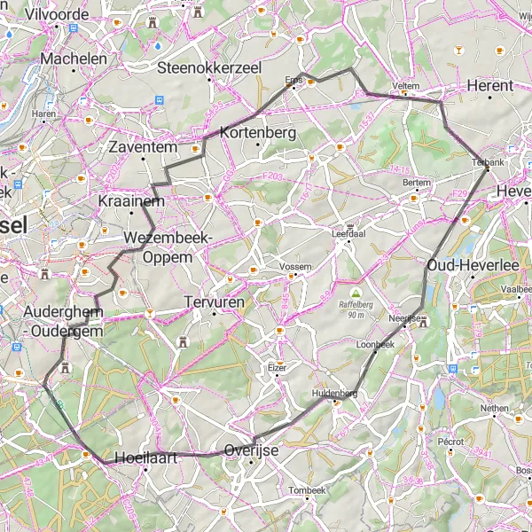 Map miniature of "Hoeilaart Countryside Loop" cycling inspiration in Région de Bruxelles-Capitale/ Brussels Hoofdstedelijk Gewest, Belgium. Generated by Tarmacs.app cycling route planner