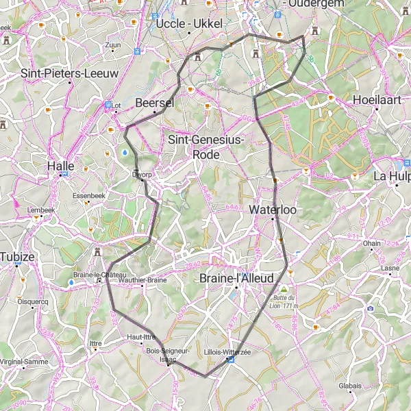 Miniatuurkaart van de fietsinspiratie "Historisch Waterloo en omgeving" in Région de Bruxelles-Capitale/ Brussels Hoofdstedelijk Gewest, Belgium. Gemaakt door de Tarmacs.app fietsrouteplanner
