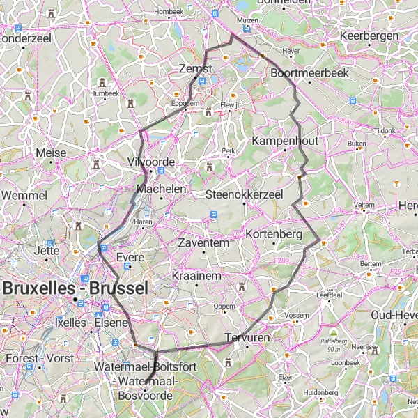 Map miniature of "Exploring the Suburbs: Watermael-Boitsfort to Villages around Brussels" cycling inspiration in Région de Bruxelles-Capitale/ Brussels Hoofdstedelijk Gewest, Belgium. Generated by Tarmacs.app cycling route planner