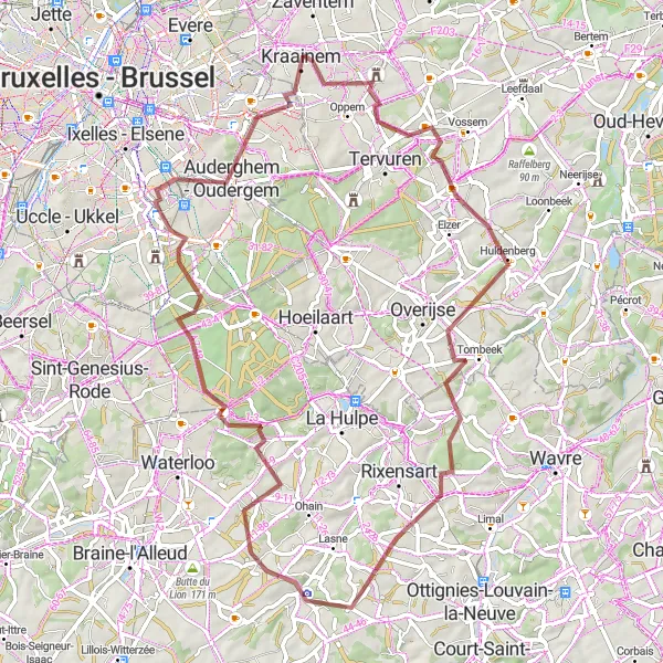 Map miniature of "Woluwe Deep Gravel Route" cycling inspiration in Région de Bruxelles-Capitale/ Brussels Hoofdstedelijk Gewest, Belgium. Generated by Tarmacs.app cycling route planner