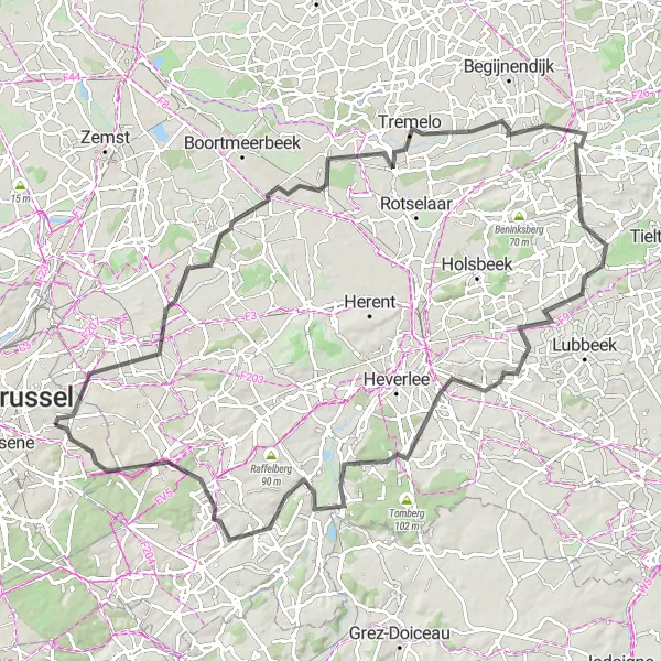 Map miniature of "Brussels-Woluwe Loop" cycling inspiration in Région de Bruxelles-Capitale/ Brussels Hoofdstedelijk Gewest, Belgium. Generated by Tarmacs.app cycling route planner