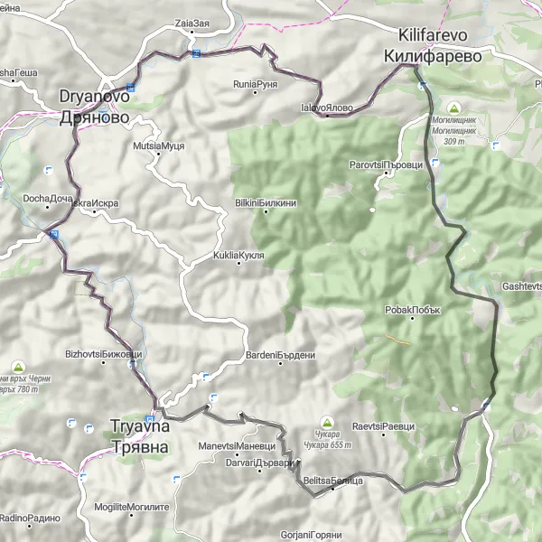 Map miniature of "Kilifarevo to Dryanovo Road Ride" cycling inspiration in Severen tsentralen, Bulgaria. Generated by Tarmacs.app cycling route planner