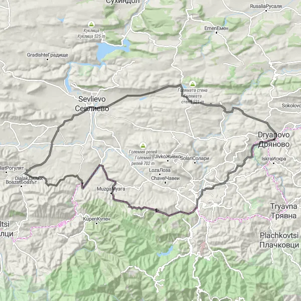 Map miniature of "Donino to Dryanovo Road Adventure" cycling inspiration in Severen tsentralen, Bulgaria. Generated by Tarmacs.app cycling route planner