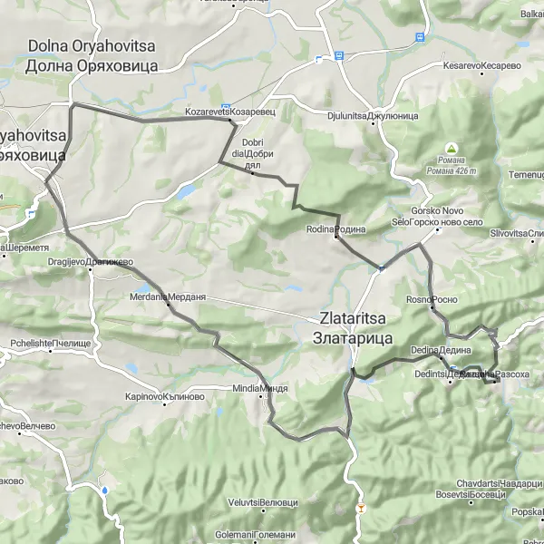 Map miniature of "The Southern Loop" cycling inspiration in Severen tsentralen, Bulgaria. Generated by Tarmacs.app cycling route planner