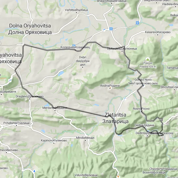 Map miniature of "Lyaskovets - Kozarevets" cycling inspiration in Severen tsentralen, Bulgaria. Generated by Tarmacs.app cycling route planner
