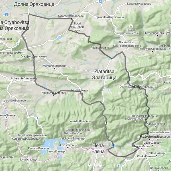 Map miniature of "The Western Loop" cycling inspiration in Severen tsentralen, Bulgaria. Generated by Tarmacs.app cycling route planner