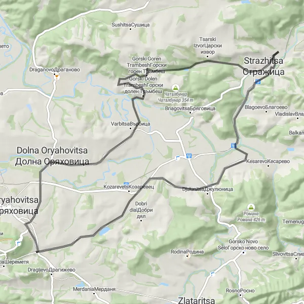 Map miniature of "Lyaskovets - Gorski Goren Trambesh" cycling inspiration in Severen tsentralen, Bulgaria. Generated by Tarmacs.app cycling route planner