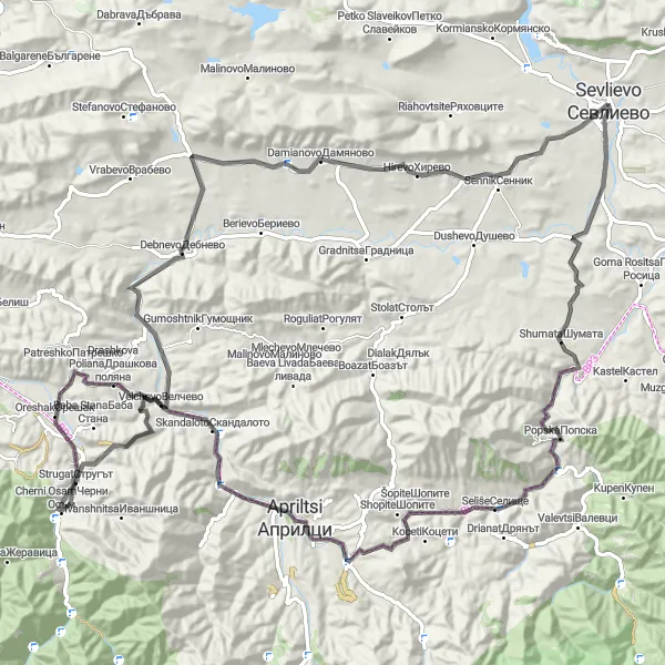 Map miniature of "Sevlievo to Cherni Osam Route" cycling inspiration in Severen tsentralen, Bulgaria. Generated by Tarmacs.app cycling route planner