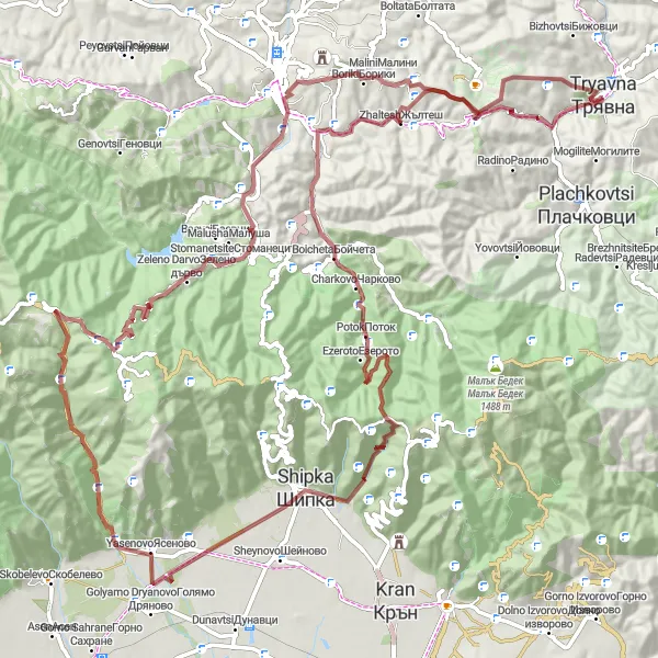Map miniature of "Gravel Expedition through Mountain Villages" cycling inspiration in Severen tsentralen, Bulgaria. Generated by Tarmacs.app cycling route planner