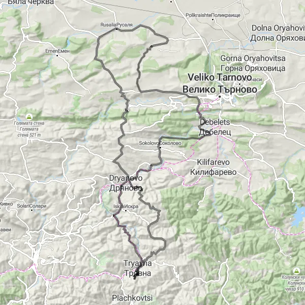 Map miniature of "Tryavna and the Waterfalls" cycling inspiration in Severen tsentralen, Bulgaria. Generated by Tarmacs.app cycling route planner