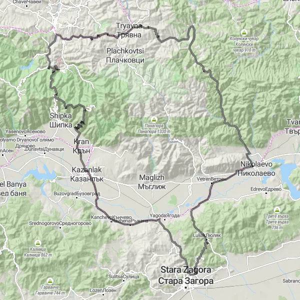 Map miniature of "Road to Discover Bulgaria's Central Region" cycling inspiration in Severen tsentralen, Bulgaria. Generated by Tarmacs.app cycling route planner