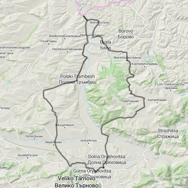 Map miniature of "Road Cycling Route to Byala, Resen, Stefan Stambolovo, and Polski Trambesh" cycling inspiration in Severen tsentralen, Bulgaria. Generated by Tarmacs.app cycling route planner