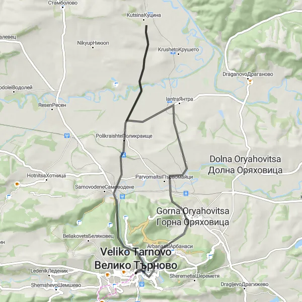 Map miniature of "Veliko Tarnovo Loop" cycling inspiration in Severen tsentralen, Bulgaria. Generated by Tarmacs.app cycling route planner