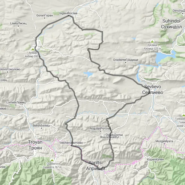 Map miniature of "Scenic Route to Apriltsi" cycling inspiration in Severozapaden, Bulgaria. Generated by Tarmacs.app cycling route planner