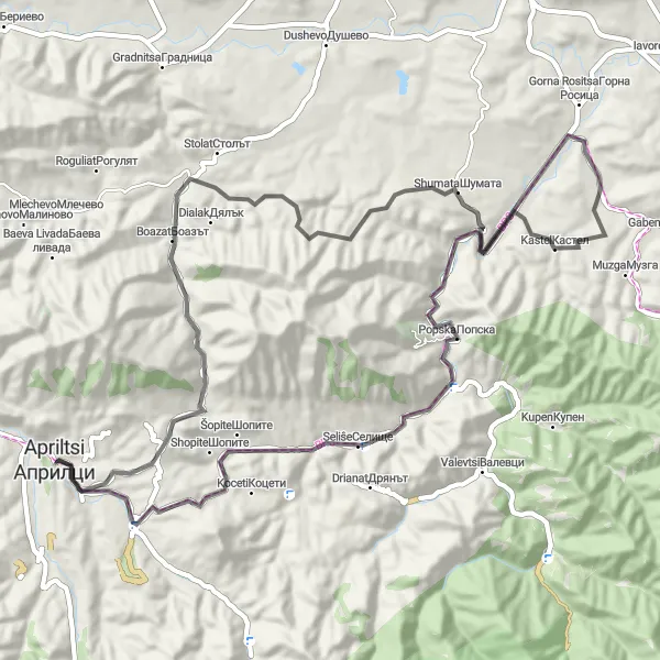 Map miniature of "Apriltsi to Stokite via Shumata" cycling inspiration in Severozapaden, Bulgaria. Generated by Tarmacs.app cycling route planner