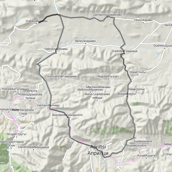 Map miniature of "Gravel Adventure" cycling inspiration in Severozapaden, Bulgaria. Generated by Tarmacs.app cycling route planner