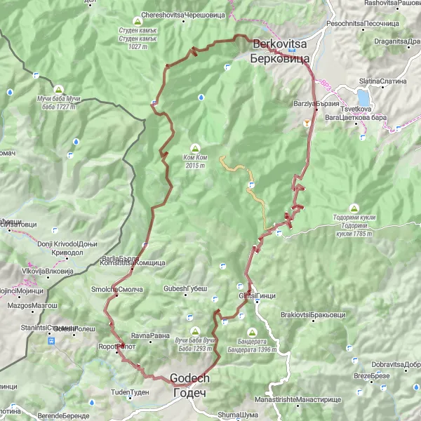 Map miniature of "Gravel Adventure near Berkovitsa" cycling inspiration in Severozapaden, Bulgaria. Generated by Tarmacs.app cycling route planner