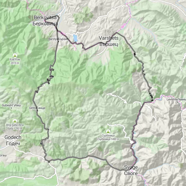 Map miniature of "Berkovitsa to Barziya Circuit" cycling inspiration in Severozapaden, Bulgaria. Generated by Tarmacs.app cycling route planner